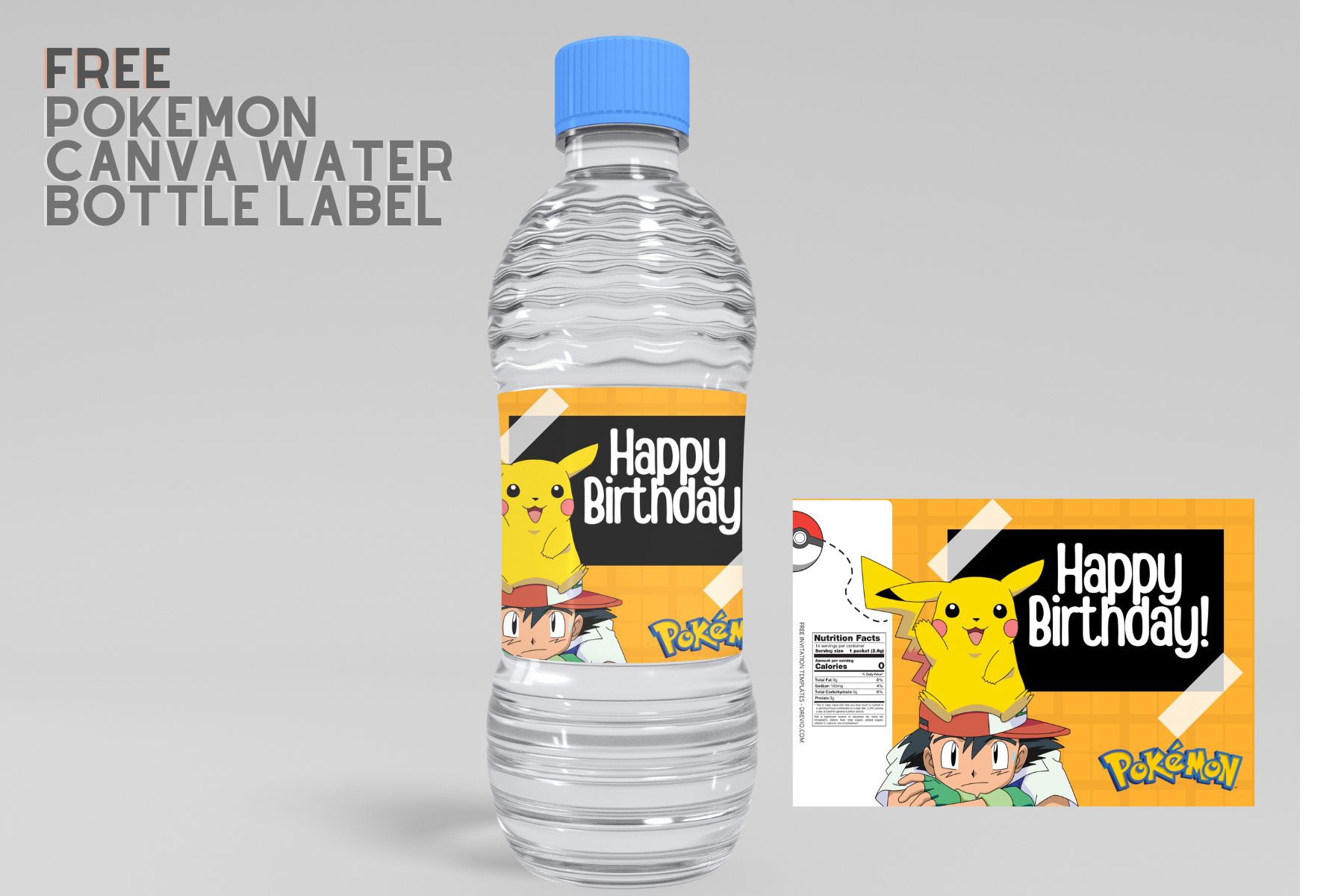 (Free Editable) Pokemon Canva Birthday Water Bottle Labels