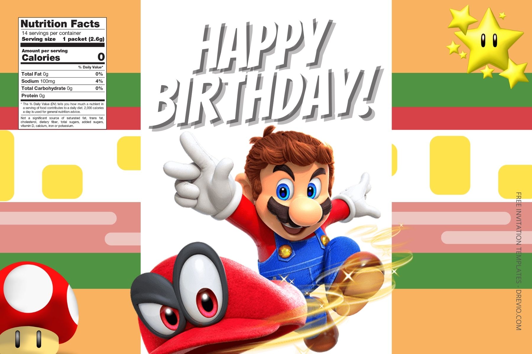 (Free Editable) Super Mario Canva Birthday Water Bottle Labels Four