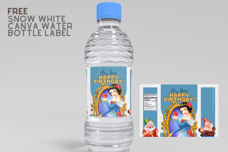 (Free) Snow White Canva Birthday Water Bottle Labels
