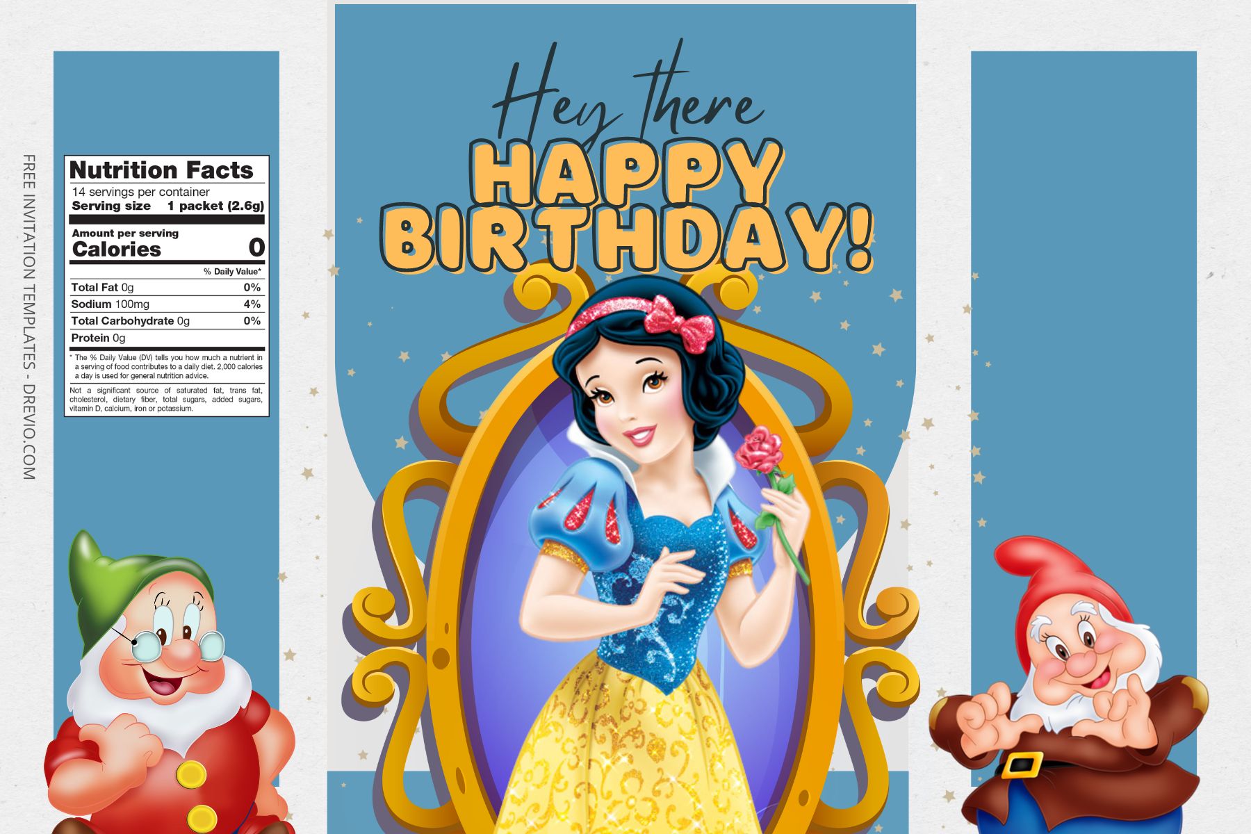 (Free) Snow White Canva Birthday Water Bottle Labels Six