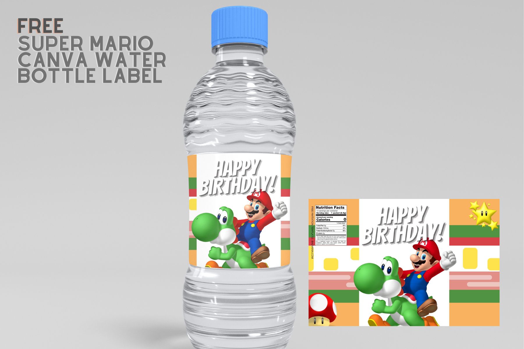 (Free Editable) Super Mario Canva Birthday Water Bottle Labels 