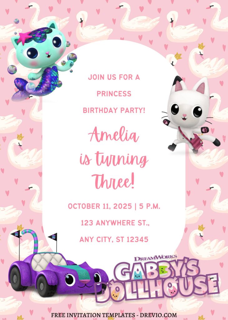 11+ Gabby And Her Cat Friends Canva Birthday Invitation Templates with cute pink background