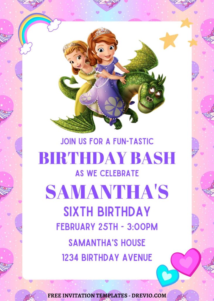 10+ Gleaming Pink Princess Sofia Canva Birthday Invitation Templates with flying dragon