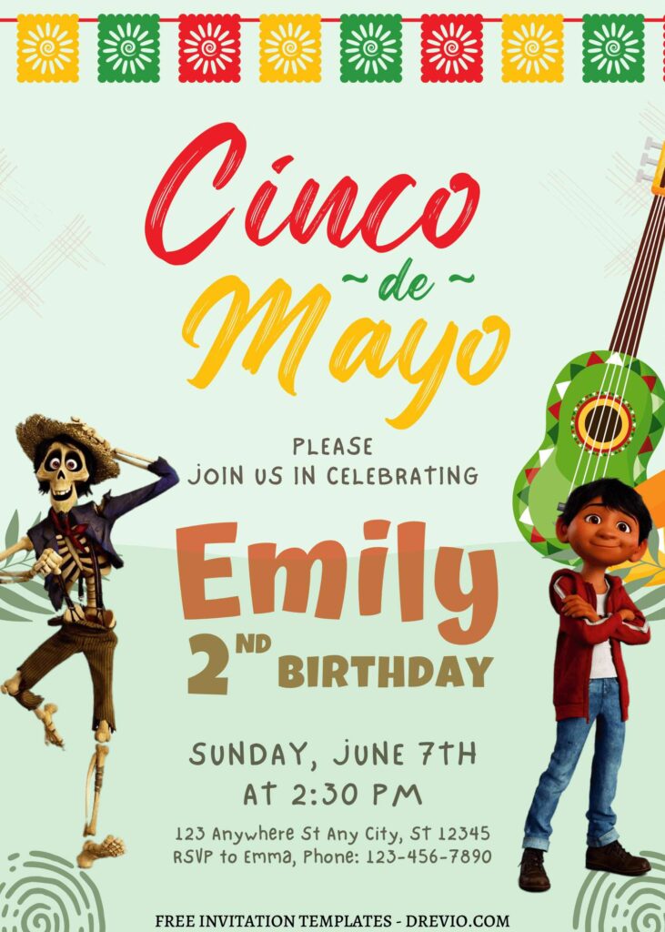 10+ Festive Cinco De Mayo Coco Canva Birthday Invitation Templates with colorful text
