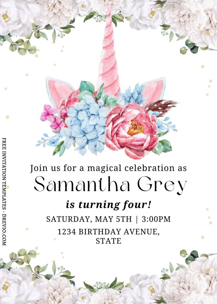 10+ Watercolor Floral Unicorn Canva Birthday Invitation Templates with watercolo rose