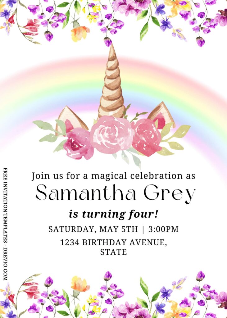 10+ Watercolor Floral Unicorn Canva Birthday Invitation Templates with floral unicorn