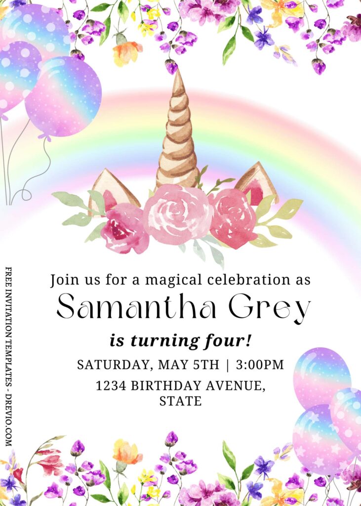 10+ Watercolor Floral Unicorn Canva Birthday Invitation Templates with rainbow horn
