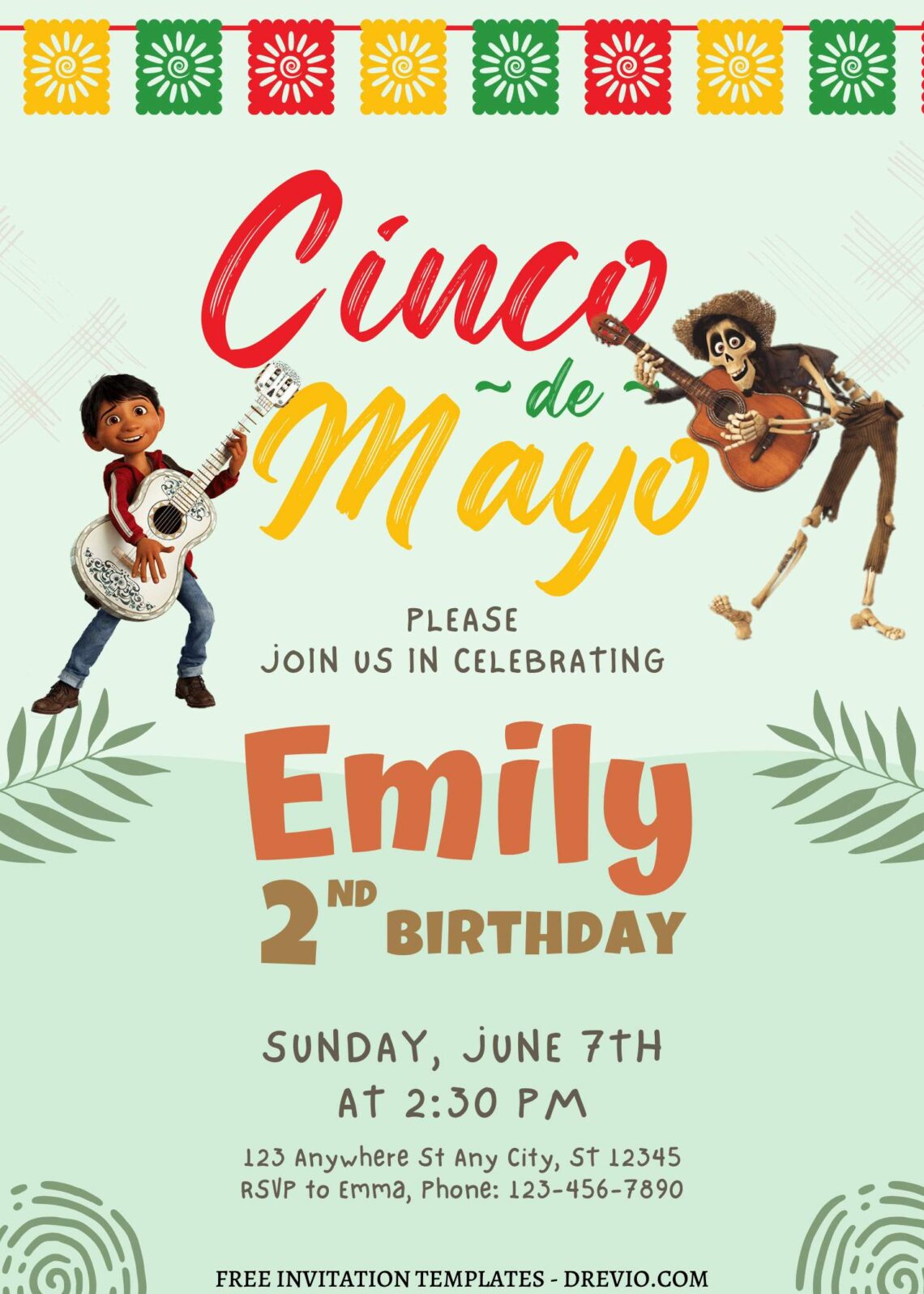 10+ Festive Cinco De Mayo Coco Canva Birthday Invitation Templates with colorful papel picado