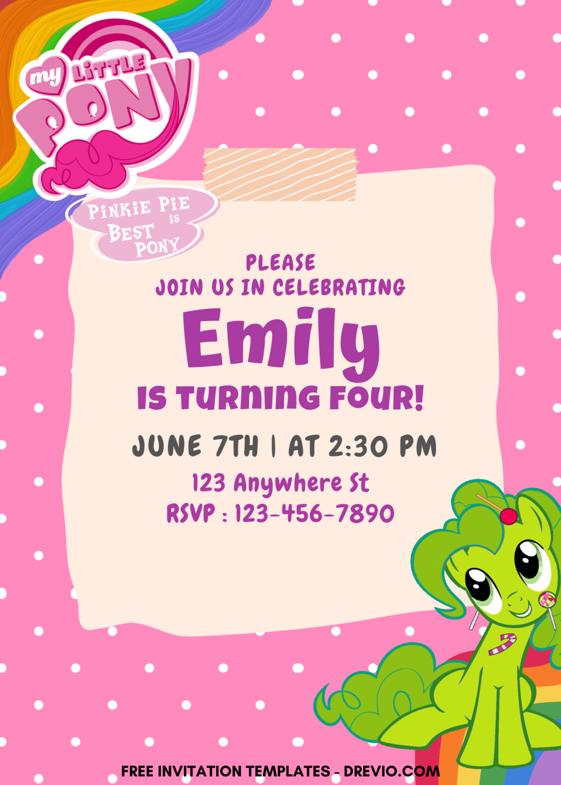 10+ Rainbow Pink My Little Pony Canva Birthday Invitation Templates with Applejack