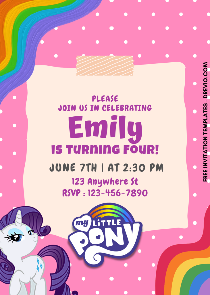 10+ Rainbow Pink My Little Pony Canva Birthday Invitation Templates with pink background