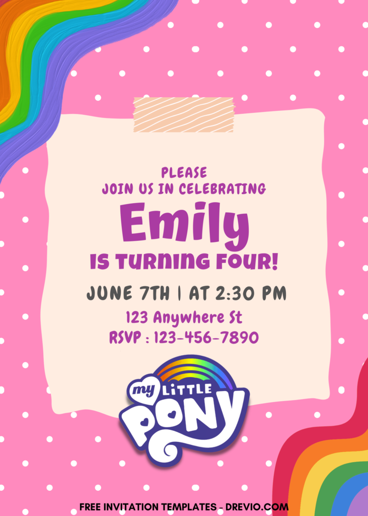 10+ Rainbow Pink My Little Pony Canva Birthday Invitation Templates with polka dot background
