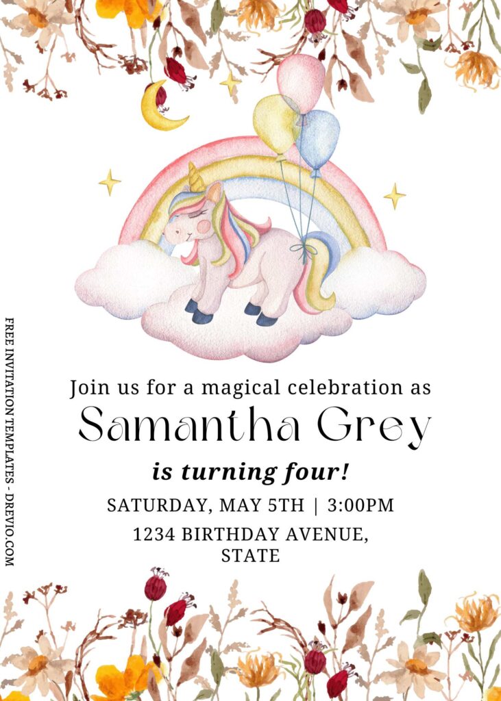 10+ Watercolor Floral Unicorn Canva Birthday Invitation Templates with watercolor rainbow