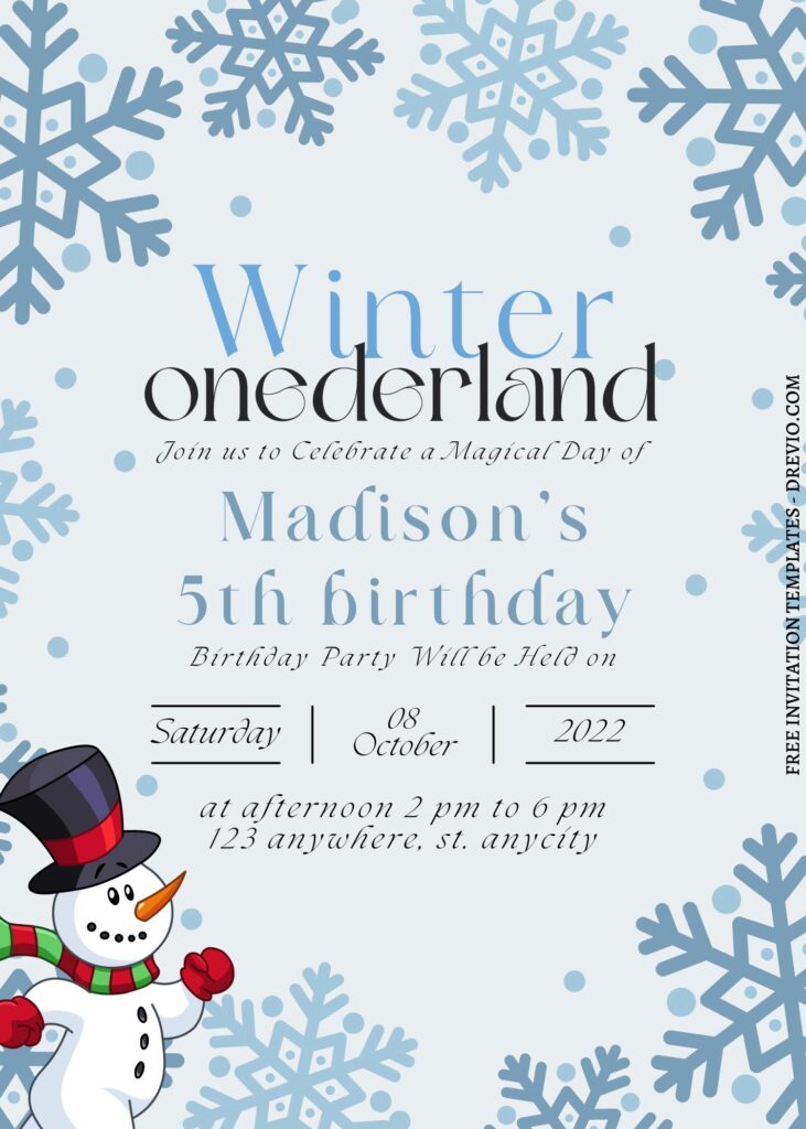 10+ Winter Onederland Canva First Birthday Invitation Templates with watercolor snowman