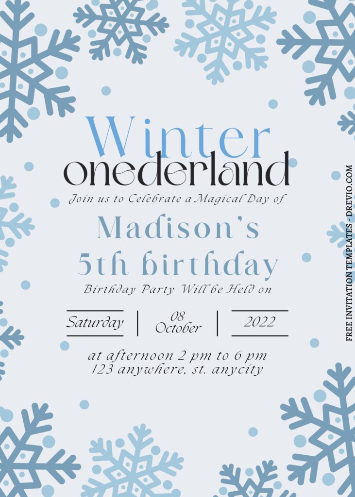 10+ Winter Onederland Canva First Birthday Invitation Templates with beautiful blue snowflakes