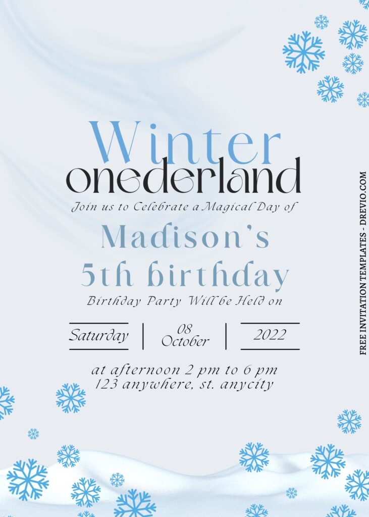 10+ Winter Onederland Canva First Birthday Invitation Templates with snowflakes
