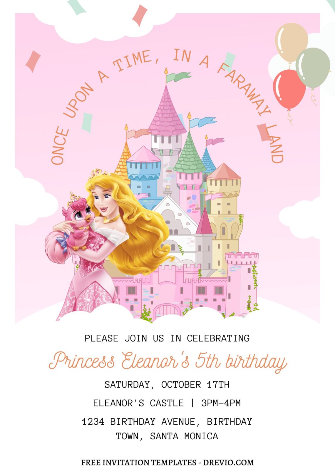 11+ Magical Disney Princess Castle Canva Birthday Invitation Templates with lovely pink sky background