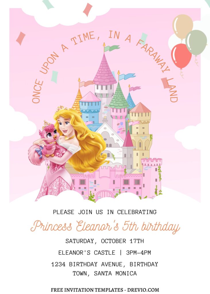 11+ Magical Disney Princess Castle Canva Birthday Invitation Templates  with lovely pink sky background