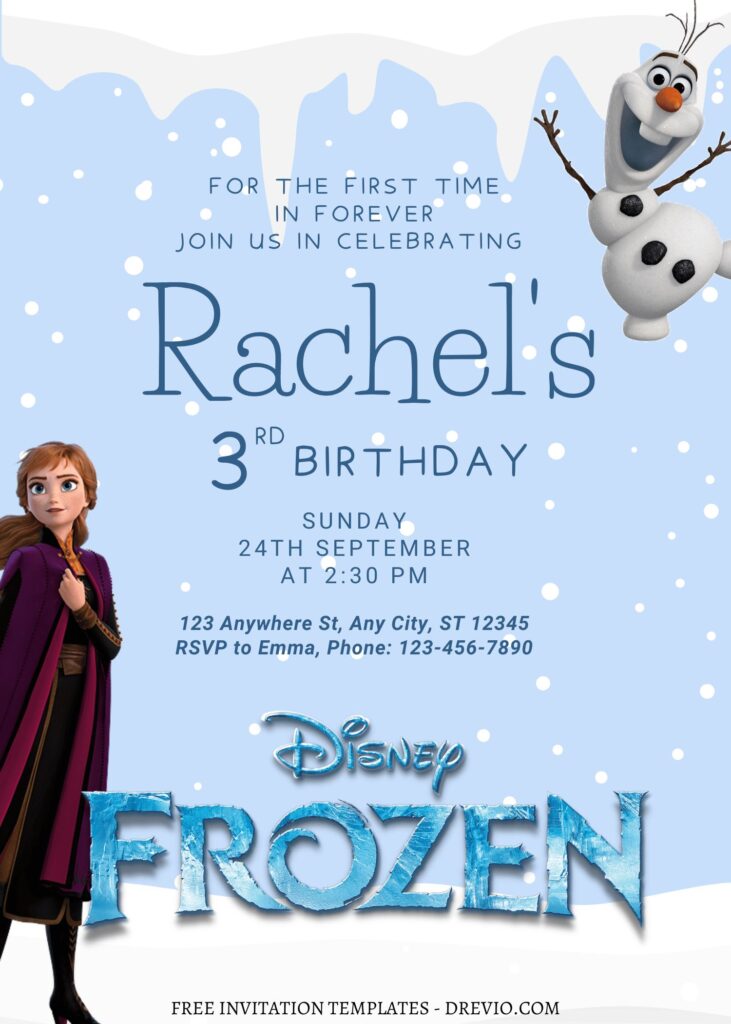 11+ Beautiful Snowfall Disney Frozen Canva Birthday Invitation Templates with melted snow