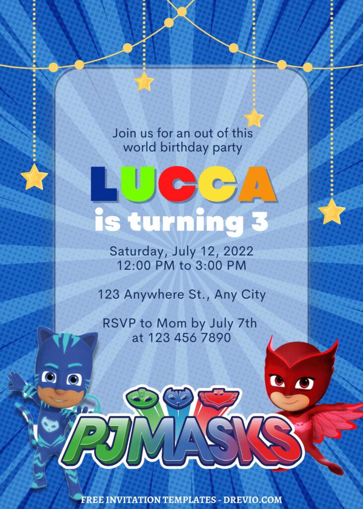 11+ PJ Masks Canva Birthday Invitation Templates with comic sunburst background