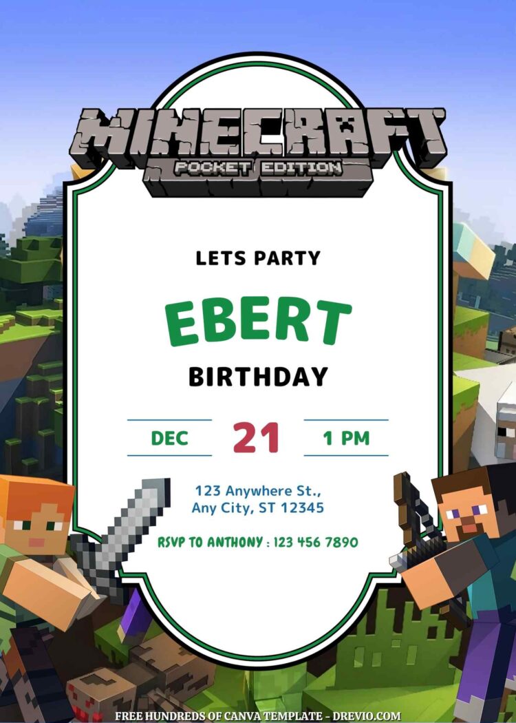 22+ Minecraft Pocket Edition Canva Birthday Invitation Templates ...