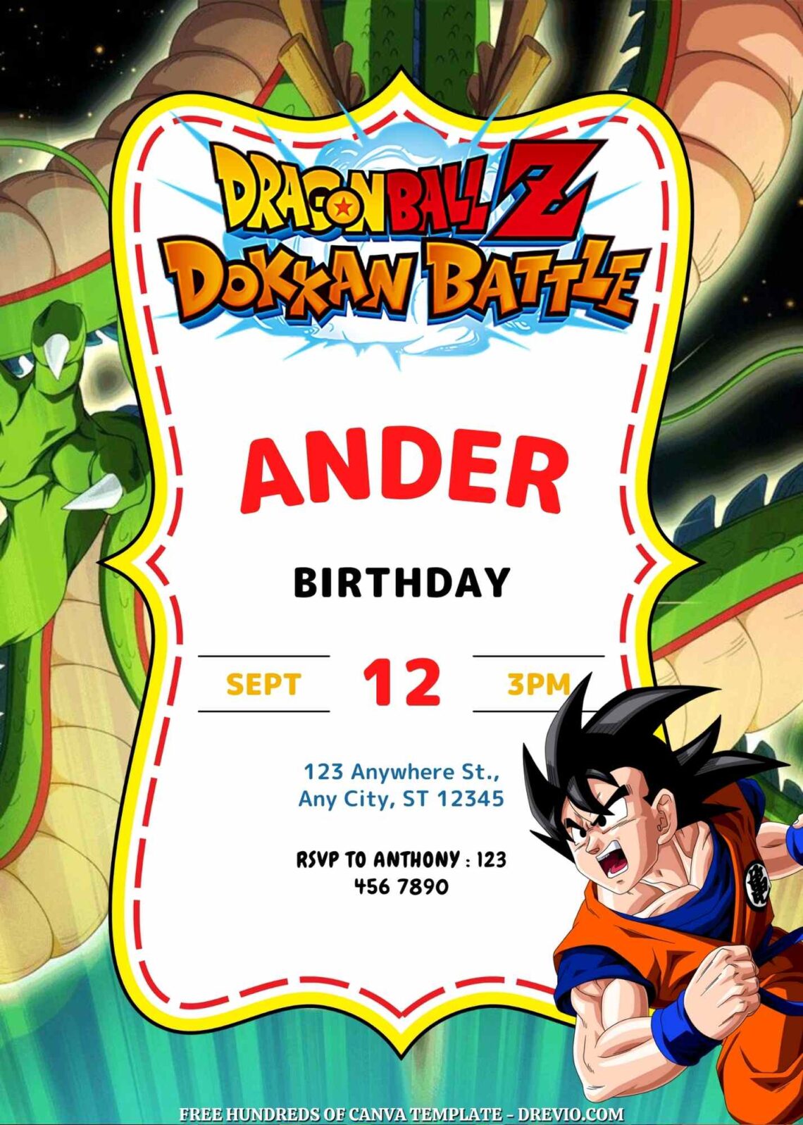 Free Dragon Ball Z Birthday Invitations with Dragon in the Background