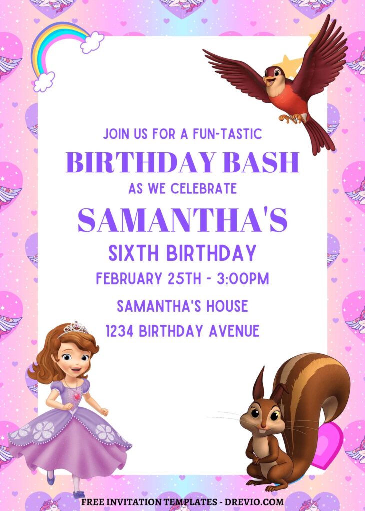 10+ Gleaming Pink Princess Sofia Canva Birthday Invitation Templates with adorable Whatnaught and Robin