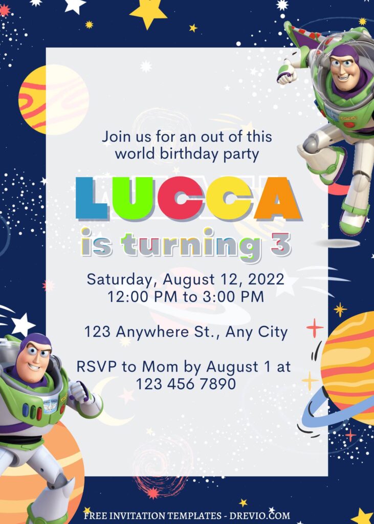 7+ Intergalactic Space Ranger Buzz Lightyear Canva Birthday Invitation with Galaxy background