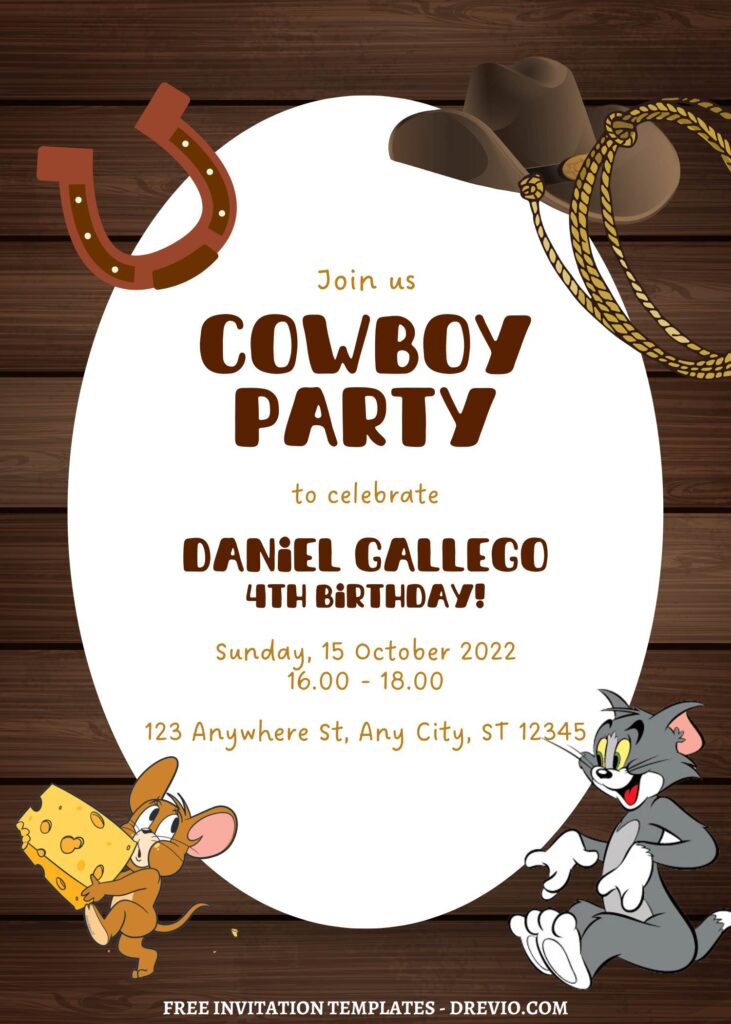 9+ Tom & Jerry Cowboy Up Canva Birthday Invitation Templates with Jerry's holding cheese