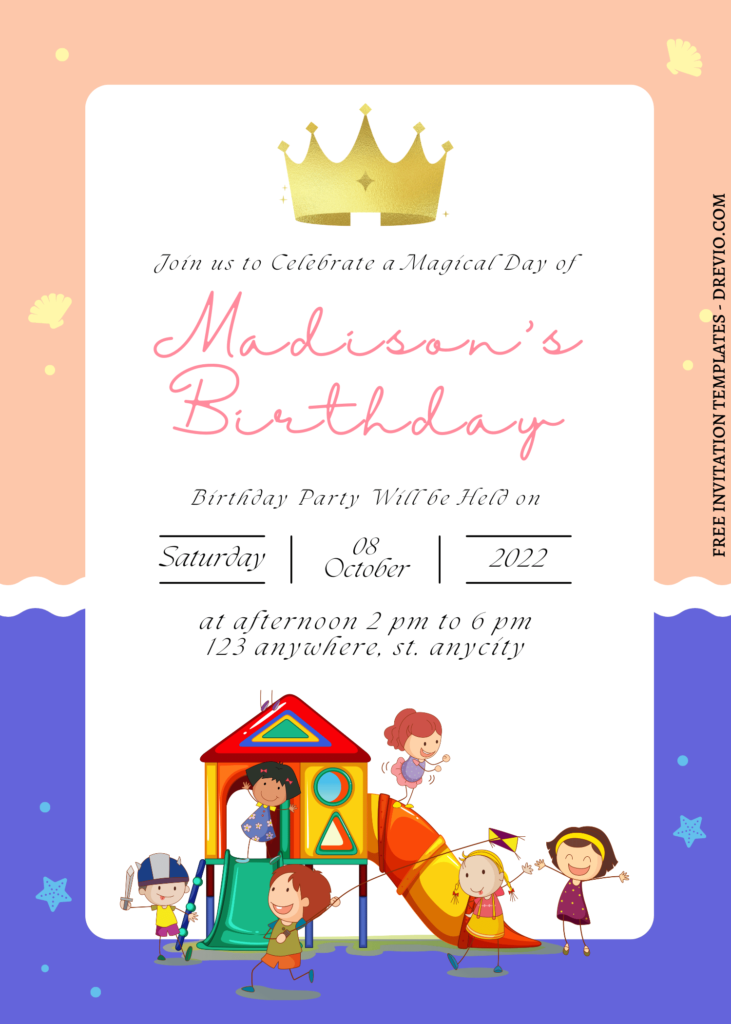 11+ Fun Party At The Park Canva Birthday Invitation Templates with princess tiara