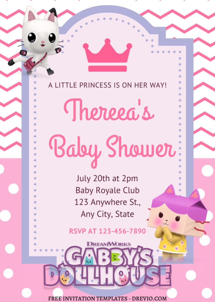7+ A Little Magic Gabby Dollhouse Canva Birthday Invitation Templates  with Pink polka dot and chevron background