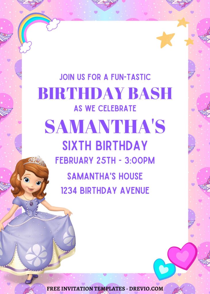 10+ Gleaming Pink Princess Sofia Canva Birthday Invitation Templates with pink hearts