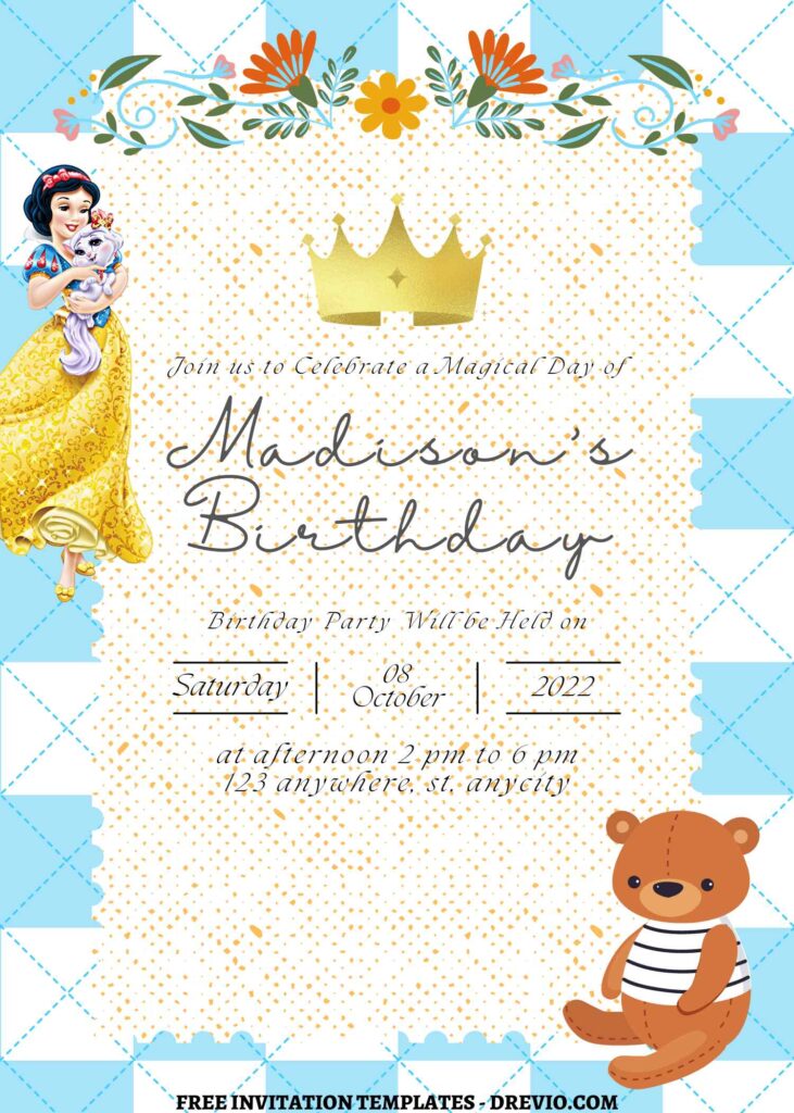 9+ Ultimate Disney Princess Celebration Canva Birthday Invitation Templates  with teddy bear