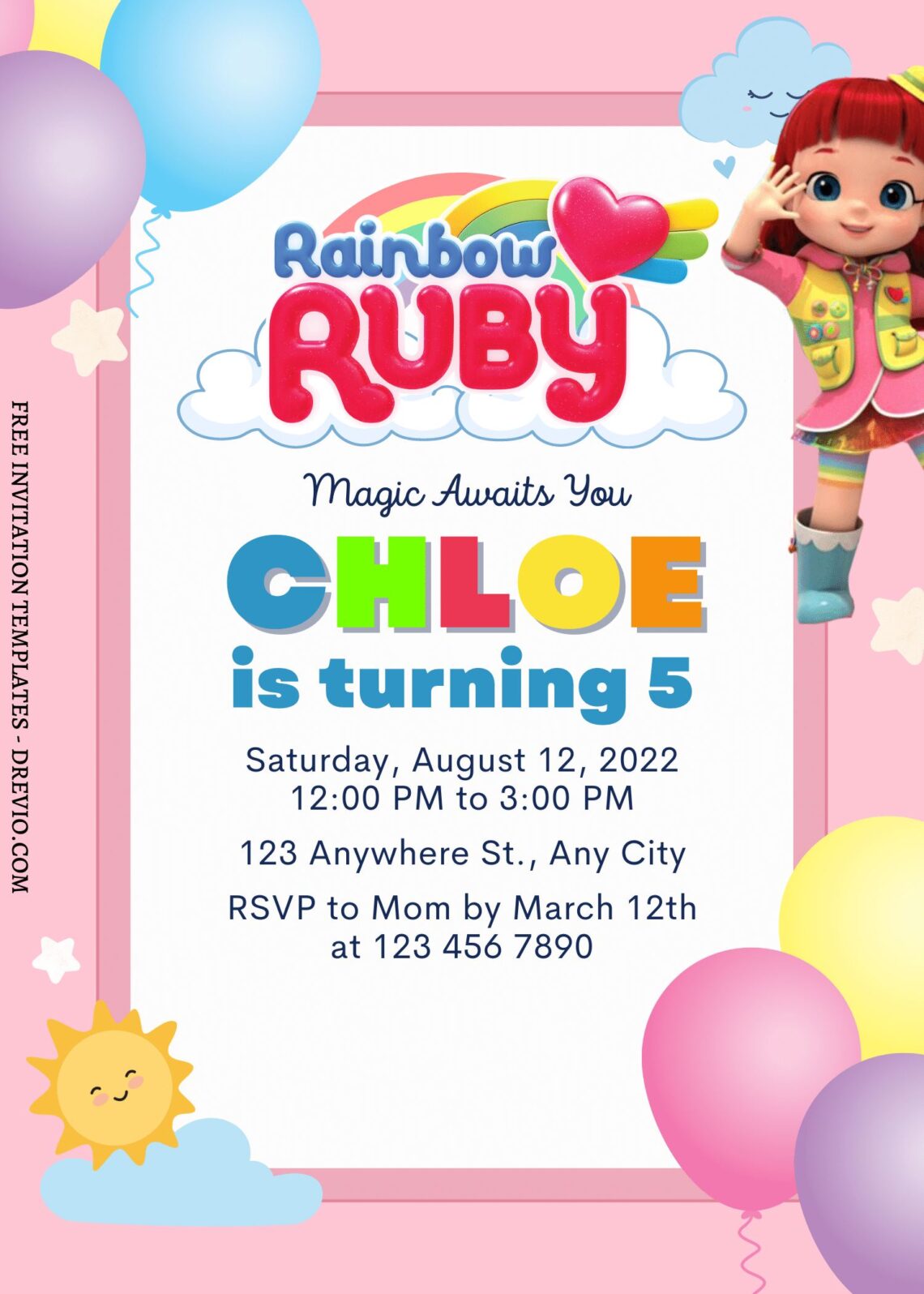 9+ Rainbow Delight With Ruby & Friends Canva Birthday Invitation with pastel rainbow