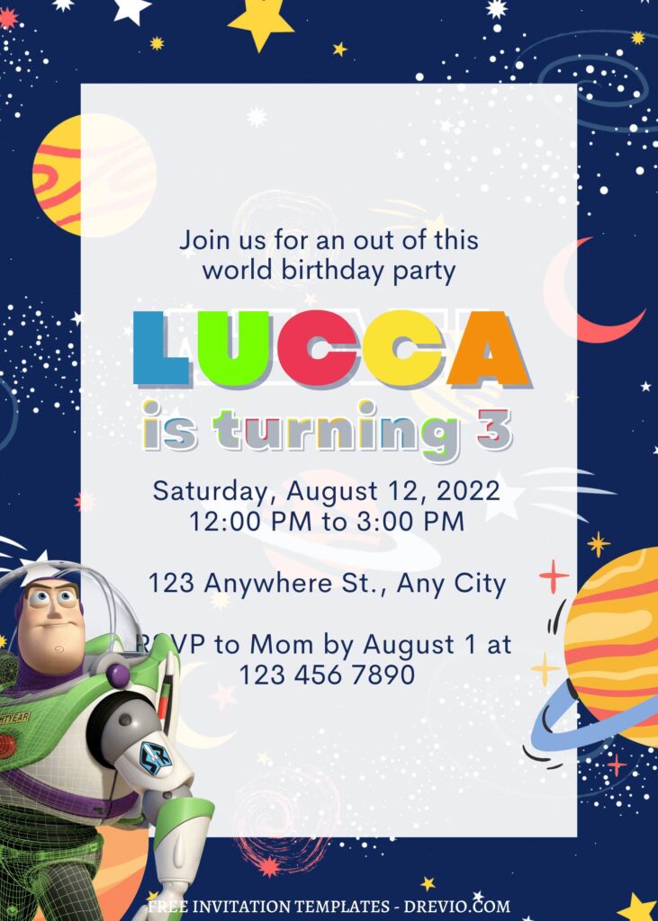 7+ Intergalactic Space Ranger Buzz Lightyear Canva Birthday Invitation with Colorful text