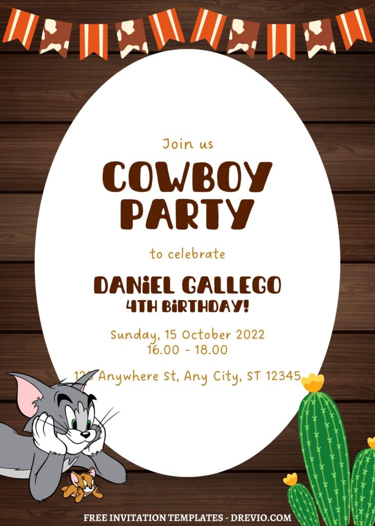 9+ Tom & Jerry Cowboy Up Canva Birthday Invitation Templates with adorable cartoon cactus