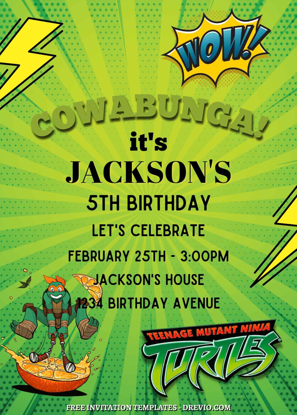 8+ Teenage Mutant Ninja Turtles Canva Birthday Invitation Templates with Michael Angelo