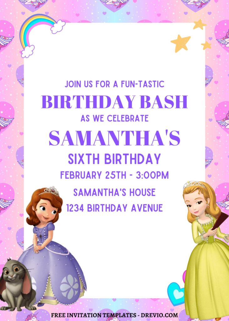 10+ Gleaming Pink Princess Sofia Canva Birthday Invitation Templates with Princess Amber