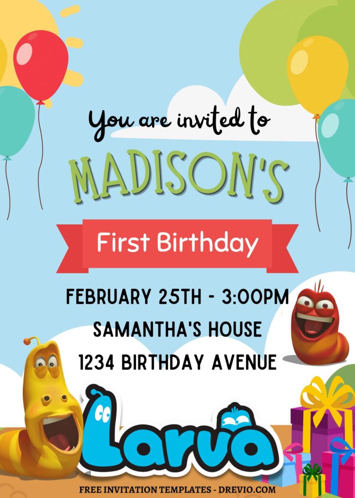 10+ Adorable Larva Island Canva Birthday Invitation Templates with colorful birthday gift boxes