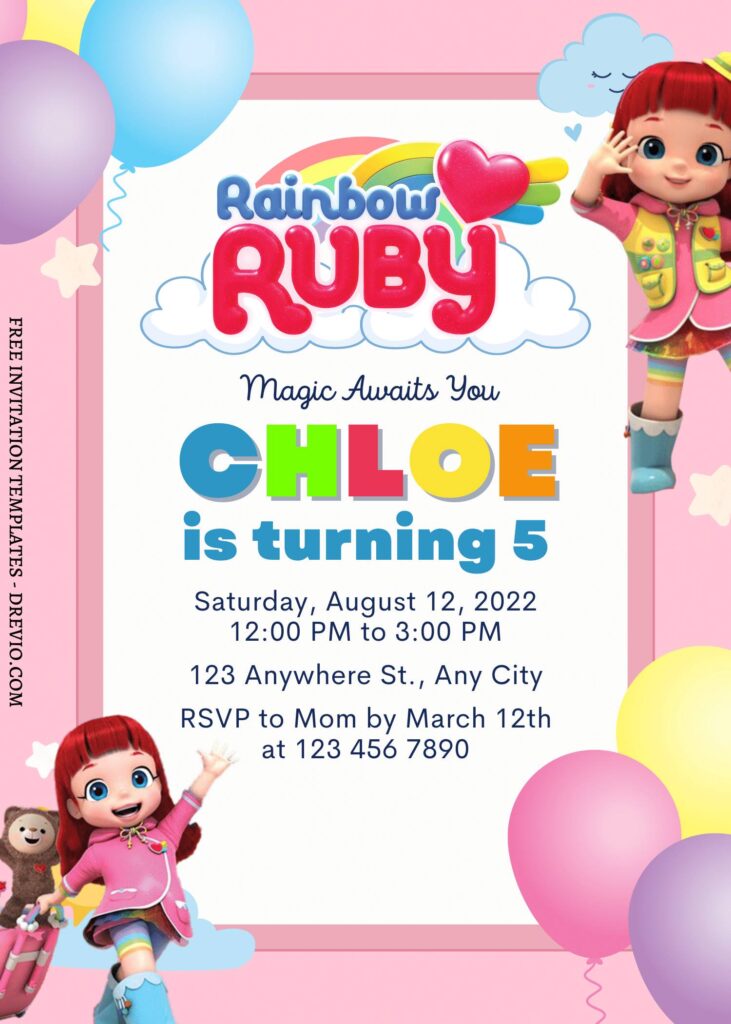 9+ Rainbow Delight With Ruby & Friends Canva Birthday Invitation with colorful balloons