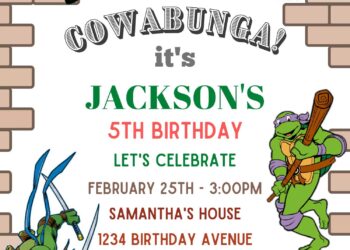 10+ Cowabunga TMNT Ninja Turtles Canva Birthday Invitation Templates with Donatello and Michael Angelo