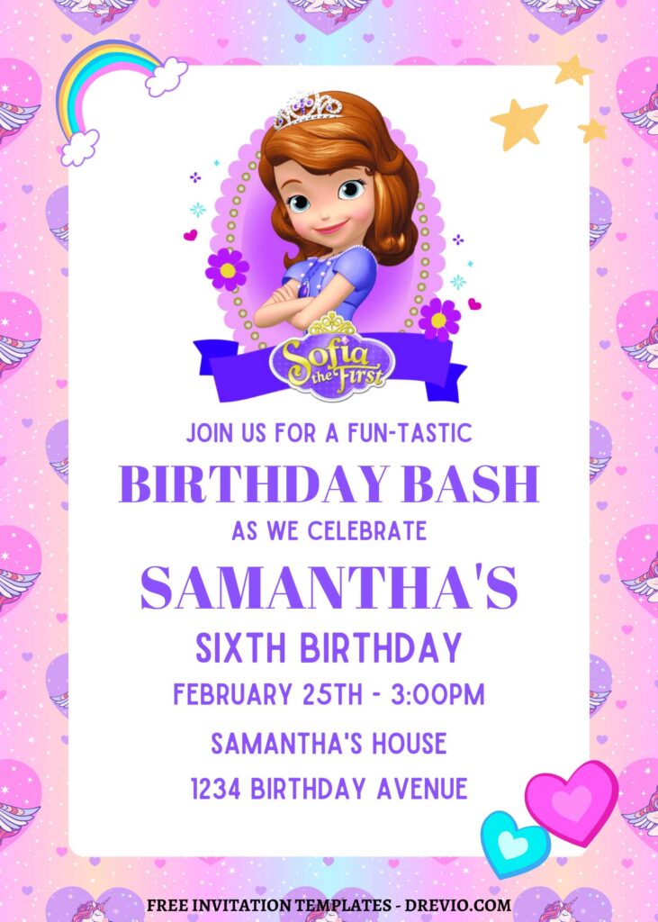 10+ Gleaming Pink Princess Sofia Canva Birthday Invitation Templates with pink background