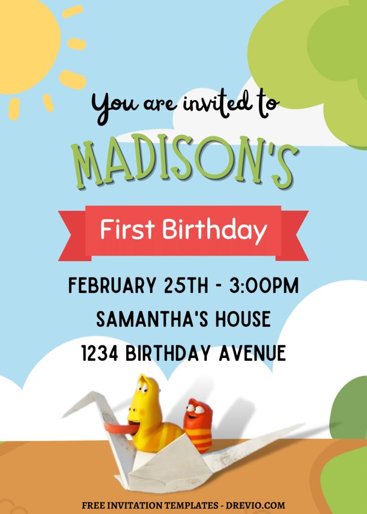 10+ Adorable Larva Island Canva Birthday Invitation Templates with Red and Yellow on paper plane
