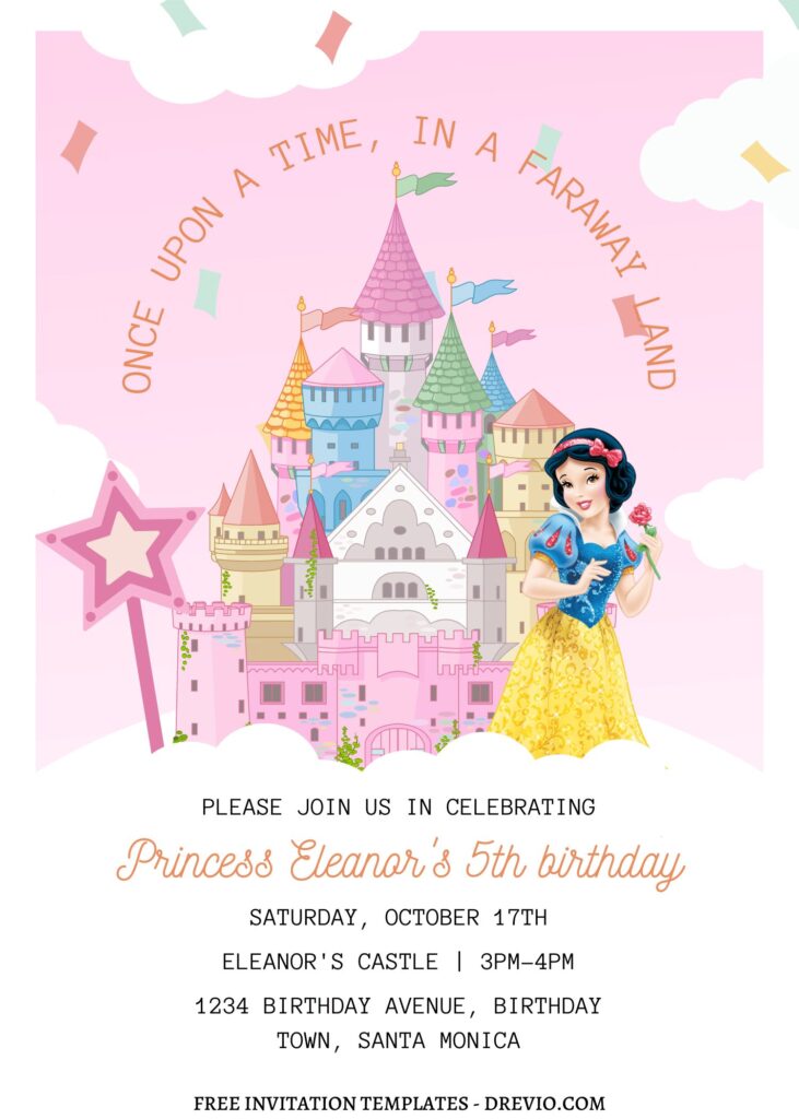 11+ Magical Disney Princess Castle Canva Birthday Invitation Templates  with enchanting Snow White