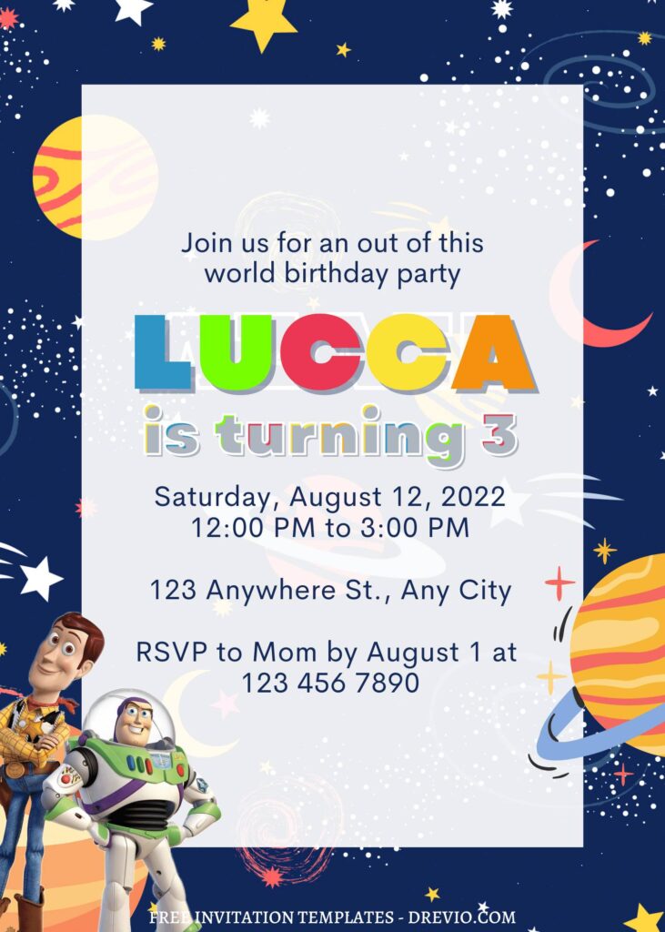 7+ Intergalactic Space Ranger Buzz Lightyear Canva Birthday Invitation with outer space planets