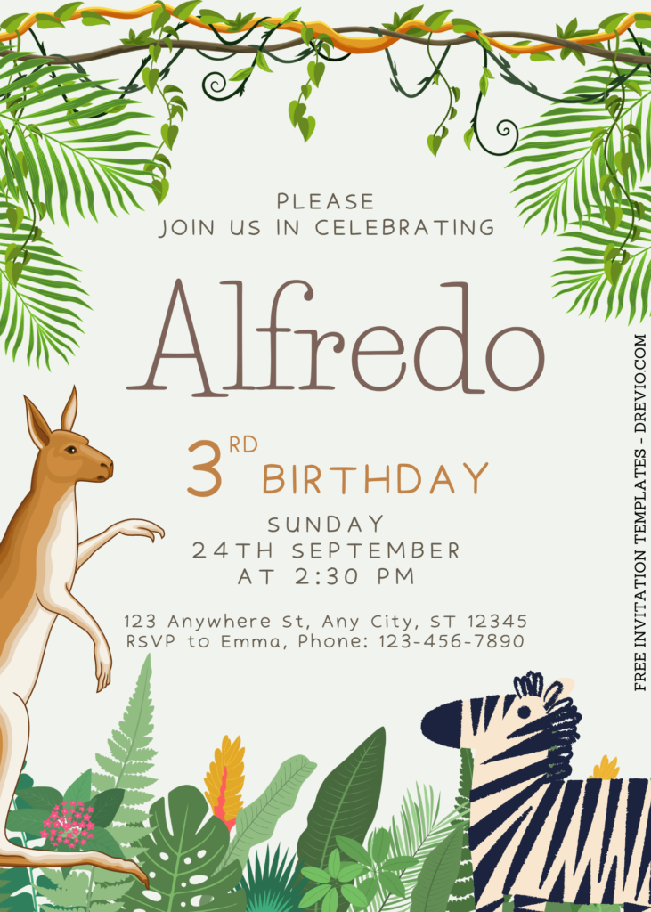 8+ Jungle Themed Canva Birthday Invitation Templates  with Watercolor Kangaroo and Zebra