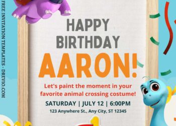 10+ Dino Ranch Party Park Canva Birthday Invitation Templates with Wooden picture frame