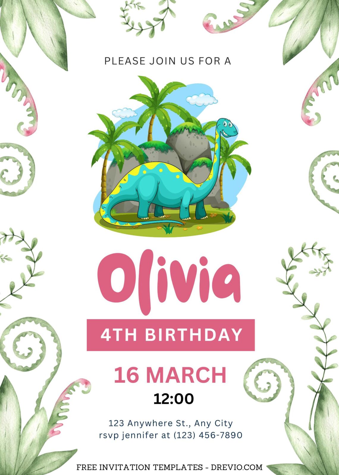 8+ Watercolor Dinosaur Canva Birthday Invitation Templates with greenery leaves border