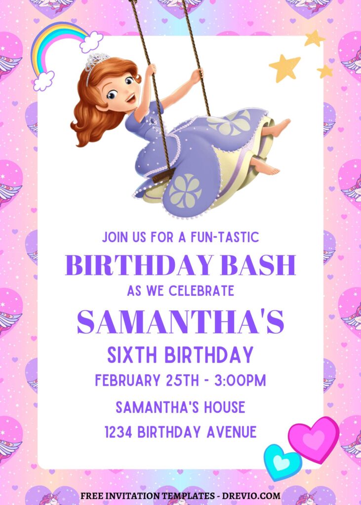 10+ Gleaming Pink Princess Sofia Canva Birthday Invitation Templates with cute wording