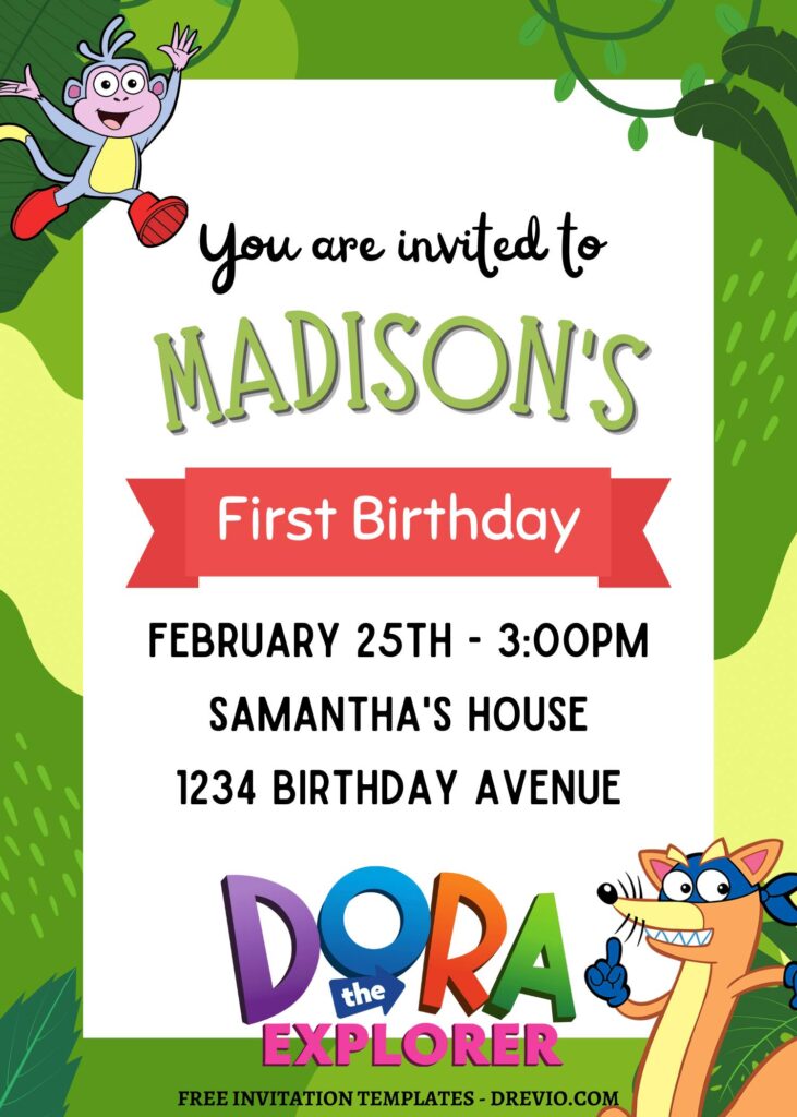 10+ Jungle Dora The Explorer Canva Birthday Invitation Templates with Sweeper