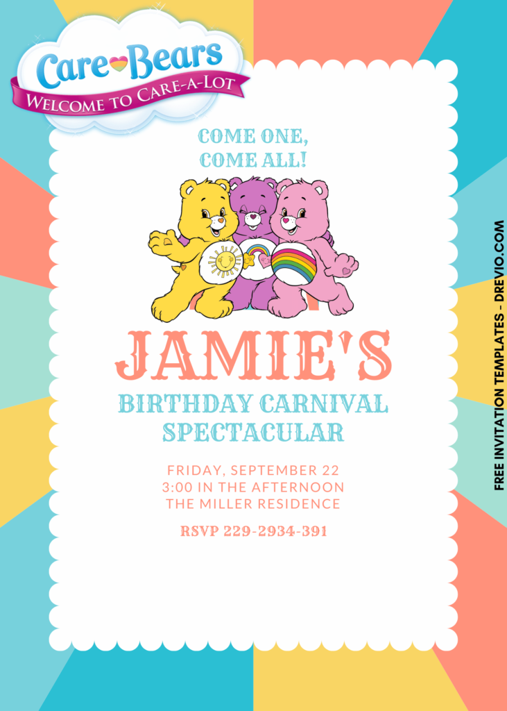 7+ Birthday Carnival Care Bears Canva Birthday Invitation Templates with adorable baby bears